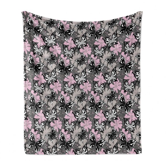 Butterfly Soft Flannel Fleece Blanket, Ornamental Romantic Summer Vegetation Vibrant Backdrop Monochrome Animals, Cozy Plush for Indoor and Outdoor Use, 50" x 60", Taupe Pink Black, by Ambesonne