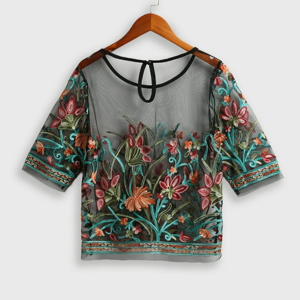 Women See Through Blouse Transparent Mesh Floral Embroidered Half ...