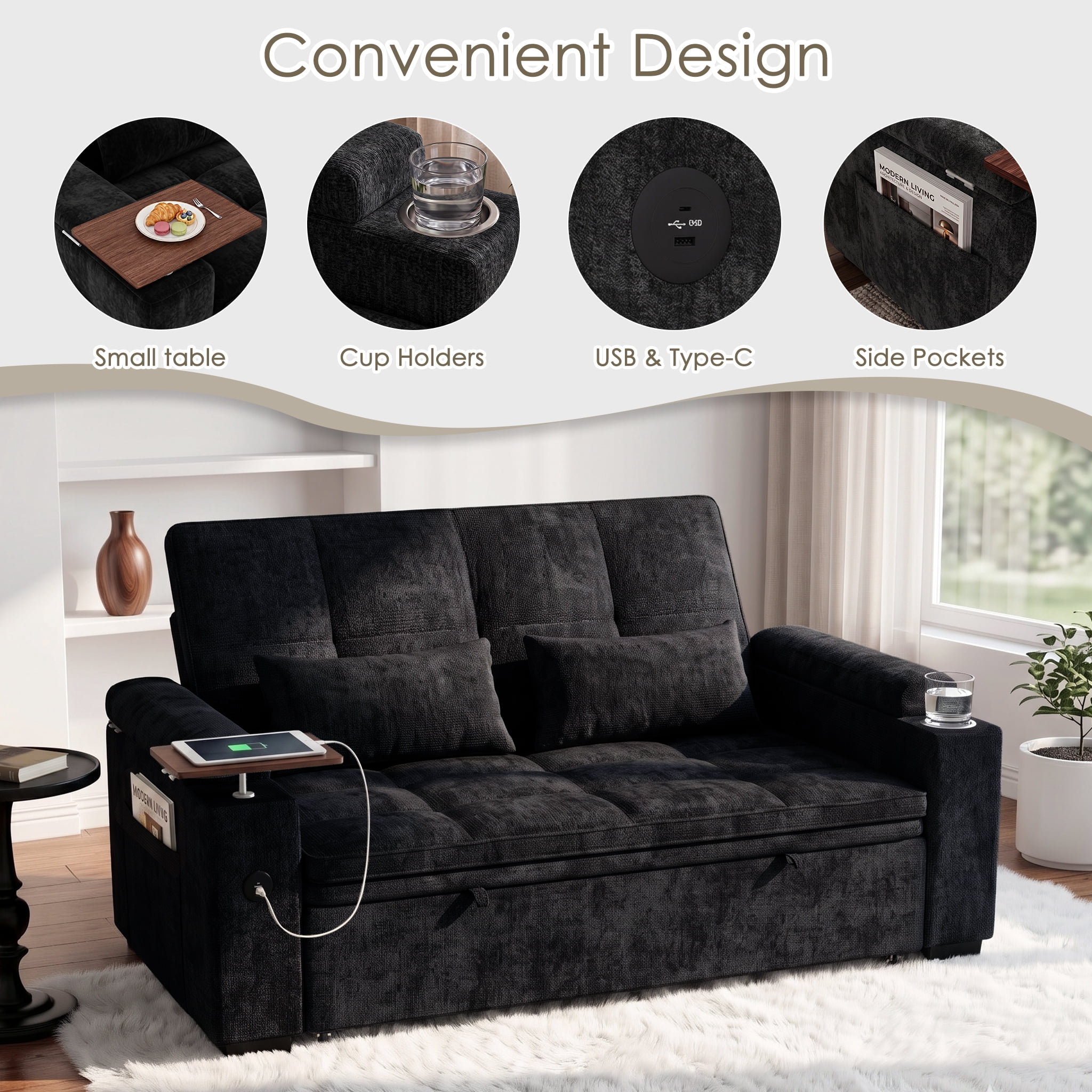AISWORD 65" 3‑in‑1 Pull‑Out Sleeper Sofa Bed, Chenille Convertible Loveseat with USB Port, Rotating Side Table, Cup Holders for Small Spaces, Black