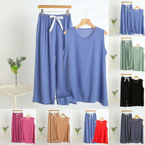 QNANSPI Pajamas for Women Set,Print Loose T-shirt Sleeveless Pajama Set,Women's Fashion Solid Color Thin Loose High Waisted Outerwear Home No Sleeved Pajamas Long Pants Pajamas Sets