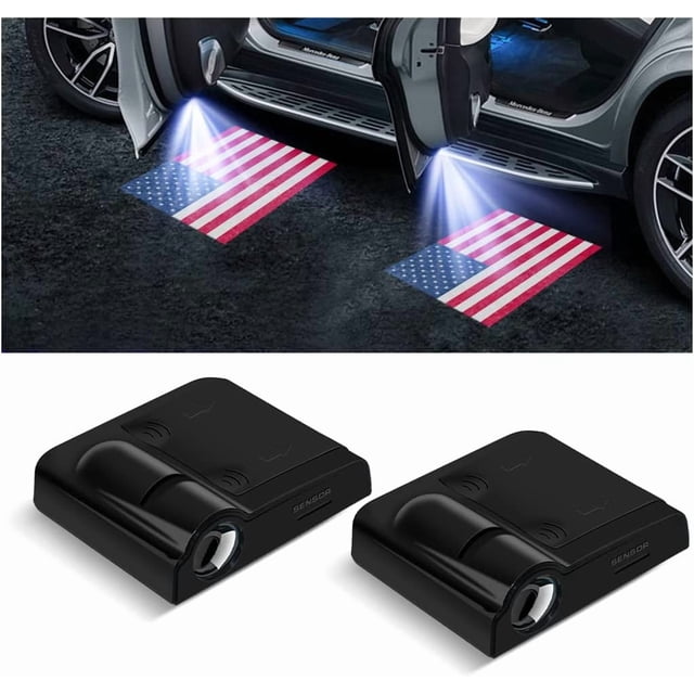 2 proyectores de logotipos para puertas de coche, luz LED inalámbrica de cortesía con sensor magnético sin agujeros, luz de bienvenida con efecto fantasma (bandera americana roja)