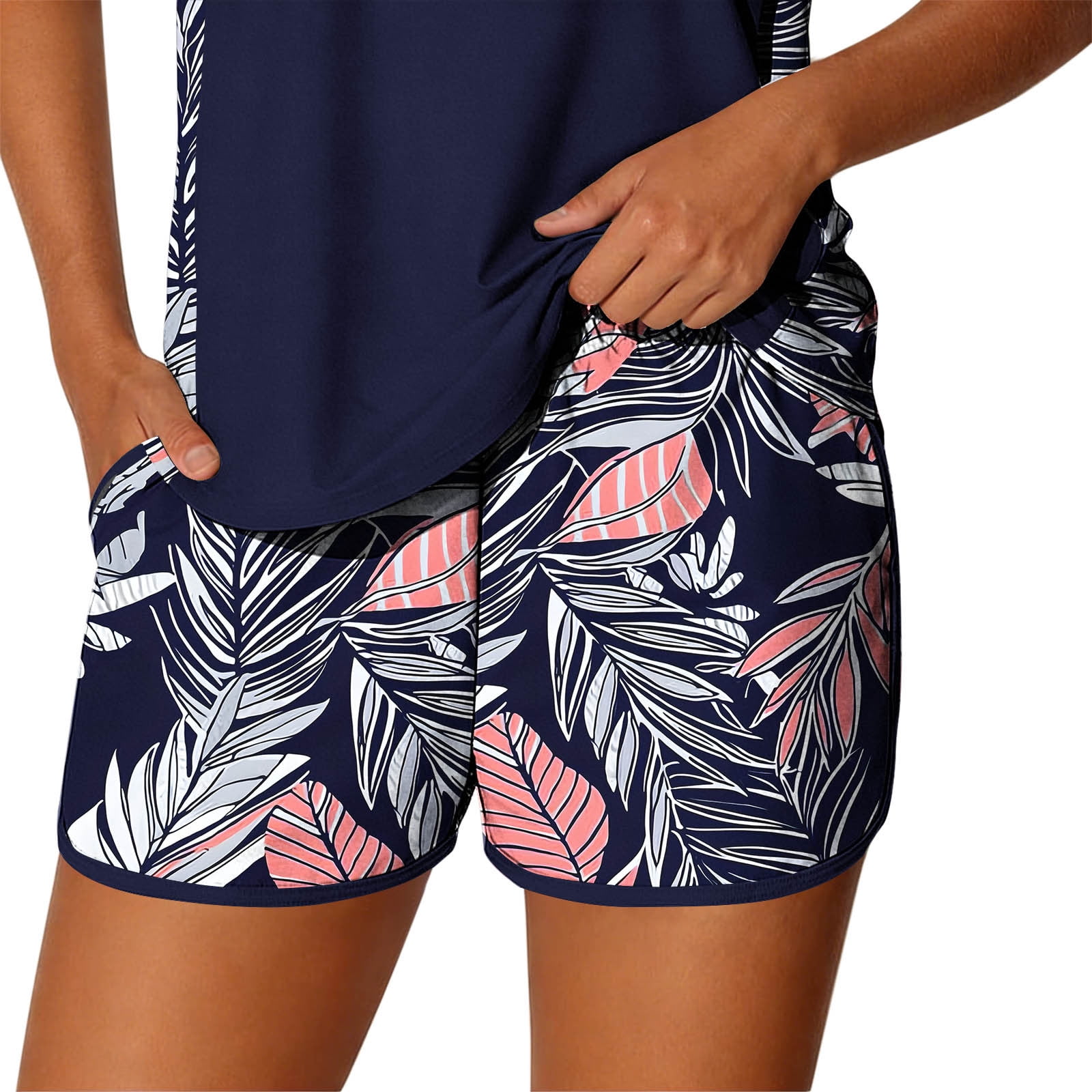 Blouson Tankini Swimsuits for Women Tummy Control Two Piece Bathing Suits with Sporty Pockets Swim Shorts