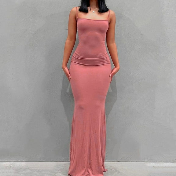 Lolmot Sexy Dresses for Women Summer Fashion Sexy Sleeveless Solid Wrap Round Neck Bodycon Camies Ladies Vest Long Dress Slim Plus Size Dress