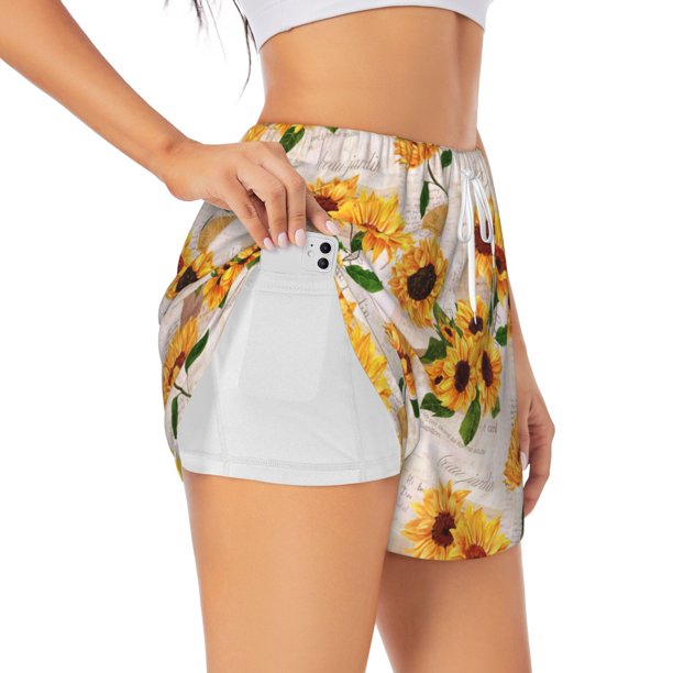Balery Sunflower 5 Pantalones cortos deportivos para mujer con forro y dos bolsillos, elásticos, para entrenamiento, gimnasio, yoga-Medium