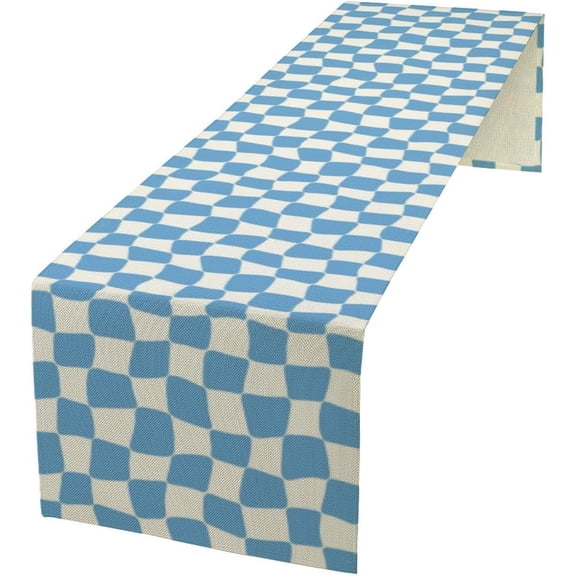 70s Hippie Table Runner Groovy Blue Twisted Checkered Funky Modern Geometric Boho Dinner Runner for Living Room Kitchen Party Holiday Dinner Home Decor 13x120in