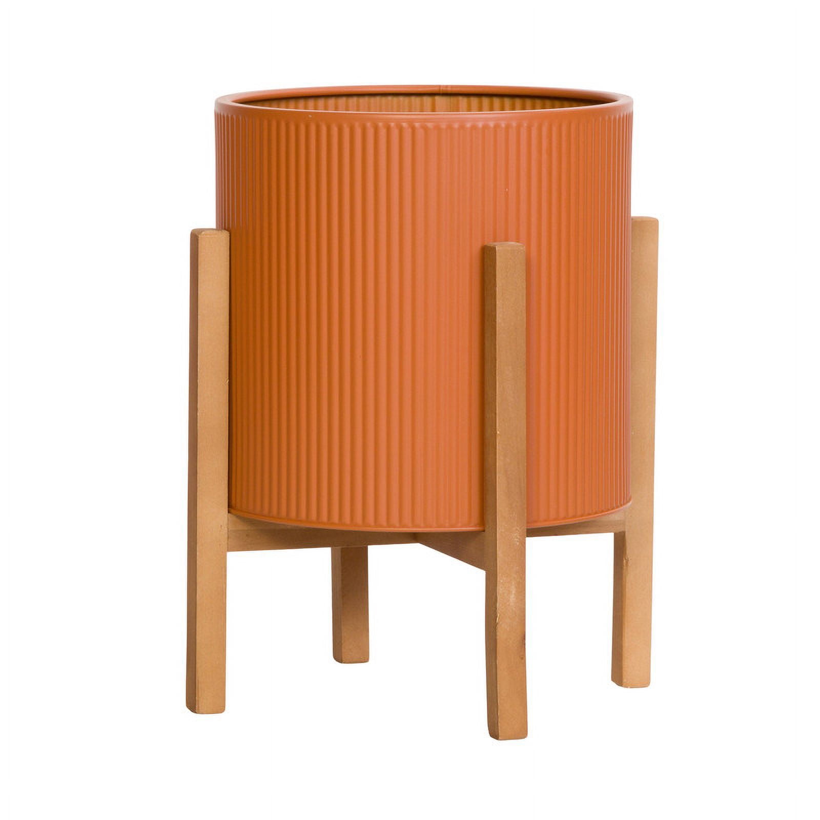 Fluted Metal Planter Pot With 4-Leg Wood Base - Terracotta Color - 14.75"H x 12"W