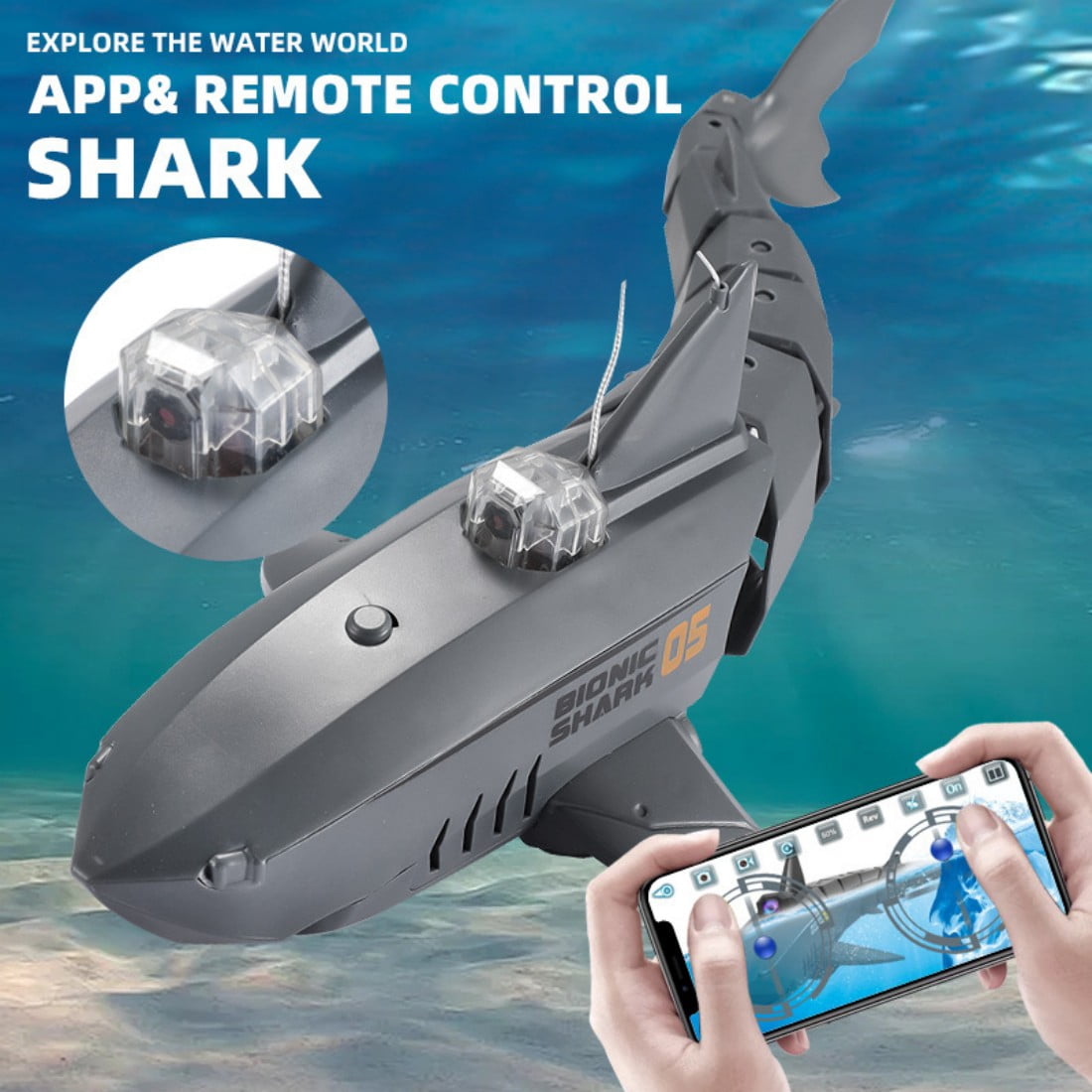 Remote-Controlled Shark with HD Underwater Camera, 2.4G Remote & APP Control Real-Time FPV Video Simulation Shark RC Boat with Dual Propeller System for Pool Lake Outdoor Water Play