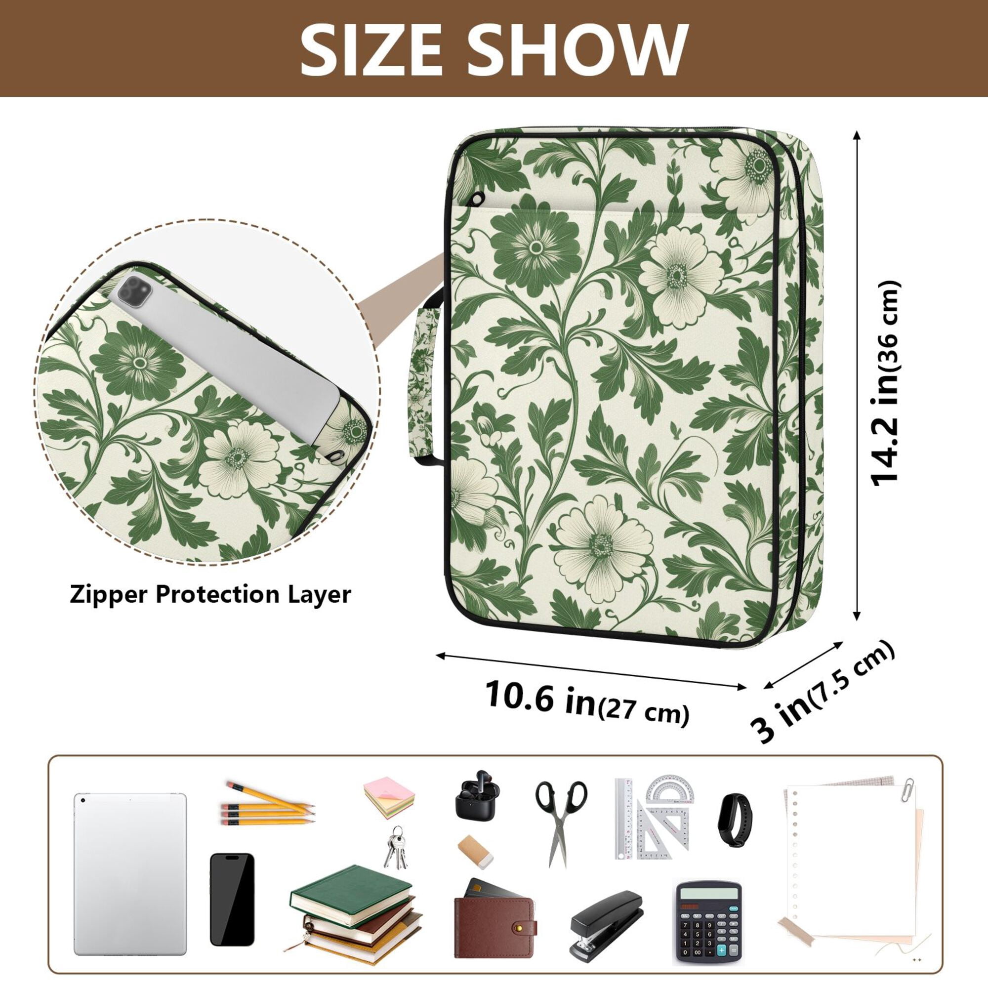FORMRS Accordion File Folder A4 Size 7-Pocket Expanding Document Organizer Bag with 3 Ring Binder, Green Floral