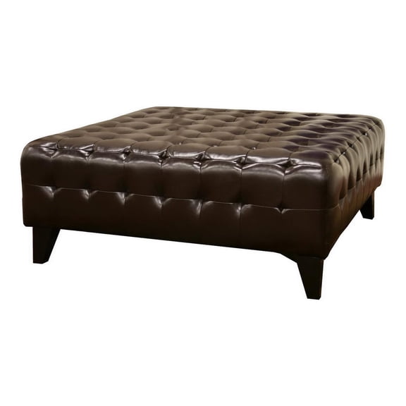 Bonded Leather Square Ottoman - Dark Brown Tufted Footrest with Wood Legs