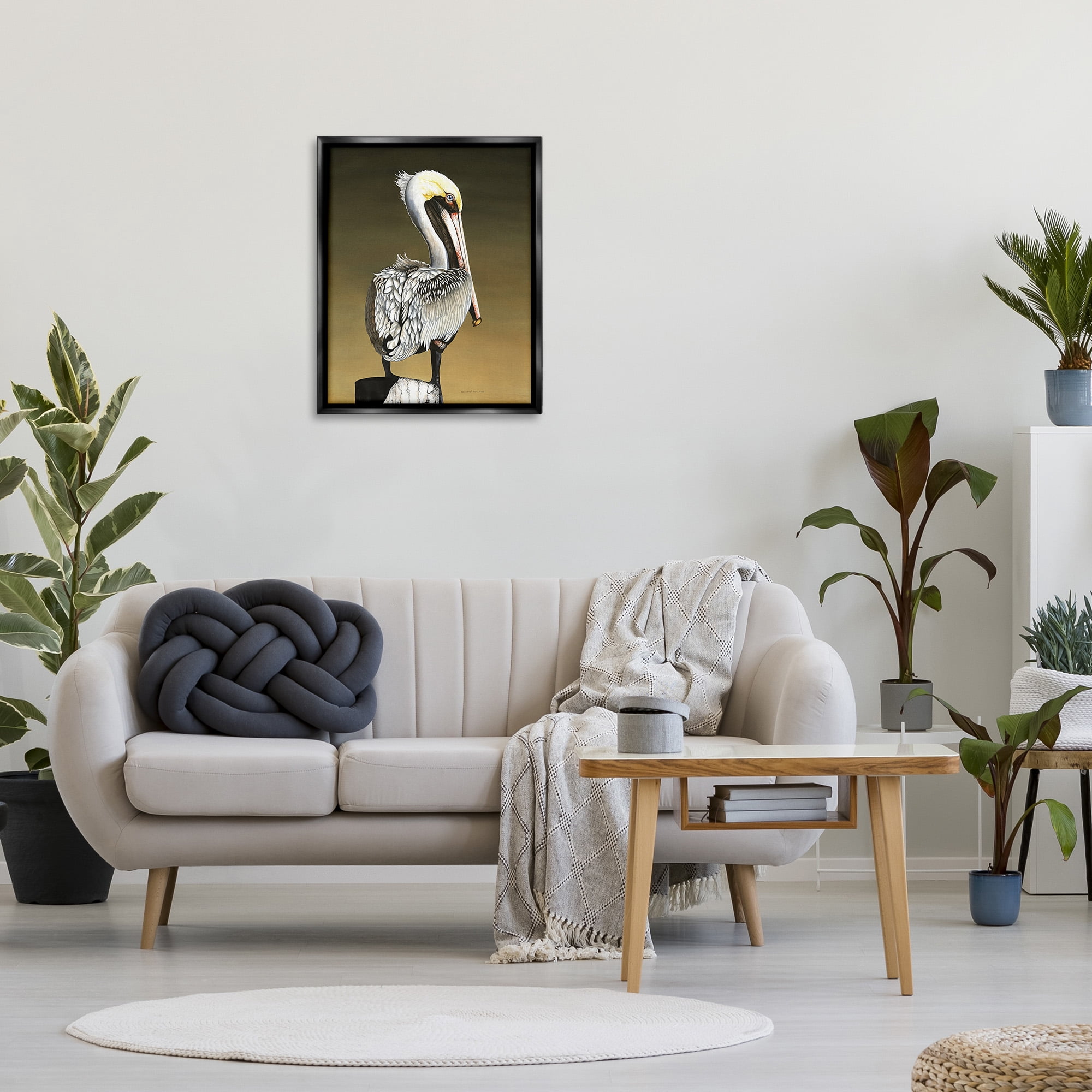 Stupell Industries Pelican with Intense Gaze Animals & Insects Painting Black Floater Framed Canvas Art Print Wall Art, 25 x 31