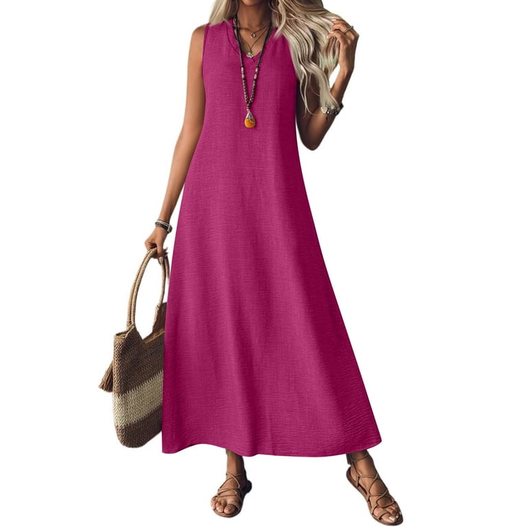 Tianiyouqing Womens Linen Casual Cotton Dresses Flowy Zip Up Lightweight Hiking Long Dresses Sleeveless V Neck Summer Holiday Shift Dresses Hot Pink M