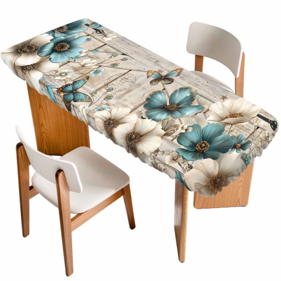 Teal Tulip Butterfly Table Cloths for 8 Foot Rectangle Tables, Beige Turquoise Floral Farmhouse Wooden Patio Waterproof Elastic Fitted Tablecloths, Washable Rectangular Table Cover for Camping