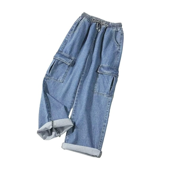 CONFREE Womens Casual Jeans Wide Leg Jeans for Women Elastic Waist Drawstring Solid Color Lightweight Denim Pants With Pocket