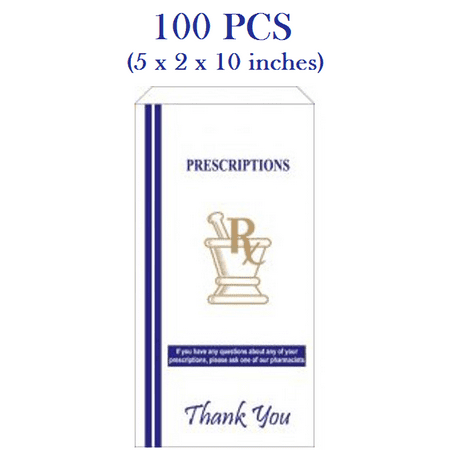 BioRx Sponix Pharmacy Paper Bags - Rx Bags - 5 x 2 x 10 inches - With Print: Thank you - Gold and Blue Trim - 100 pcs (Take-out Bag, To-go Bag, Prescription Bag)