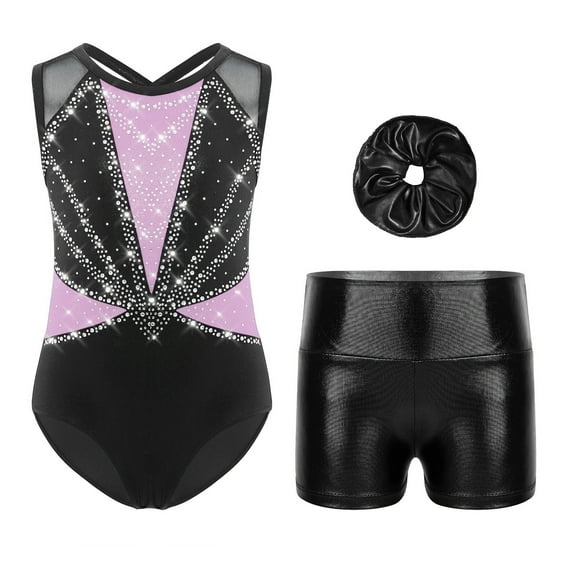 SiiRoh 2Pcs Gymnastics Leotard for Girls Sleeveless Tumbling Dance Biketard with Metallic Shorts Set Light Purple 6