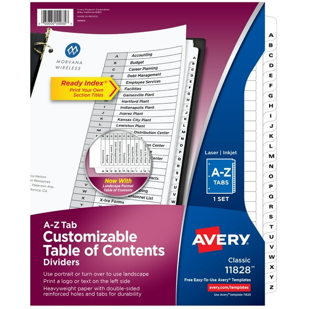 Avery Ready Index AZ 26 Tab Dividers, Customizable TOC, 1 Set (11828