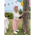 thumbnail image 4 of BemeyourBBs 3Pcs Baby Girls First Birthday Outfit 1st Birthday One Years Old Clothes Long Sleeve Crew Neck Letters Embroidery Romper Plaid Wide Legs Belt Pants and Headband Set, 4 of 9