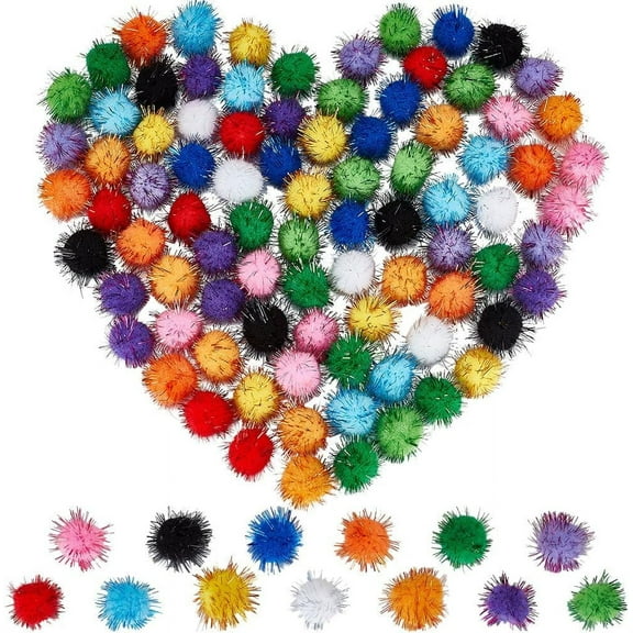 130Pcs Colorful Tinsel Pompom Bulk 1 Inch 25mm Multicolor Fibre Soft Fluffy Round Fuzzy Tinsel Ball Glitters Cat Kitten Chase Pompoms for Crafts DIY Art Christmas Party Decorations 1set