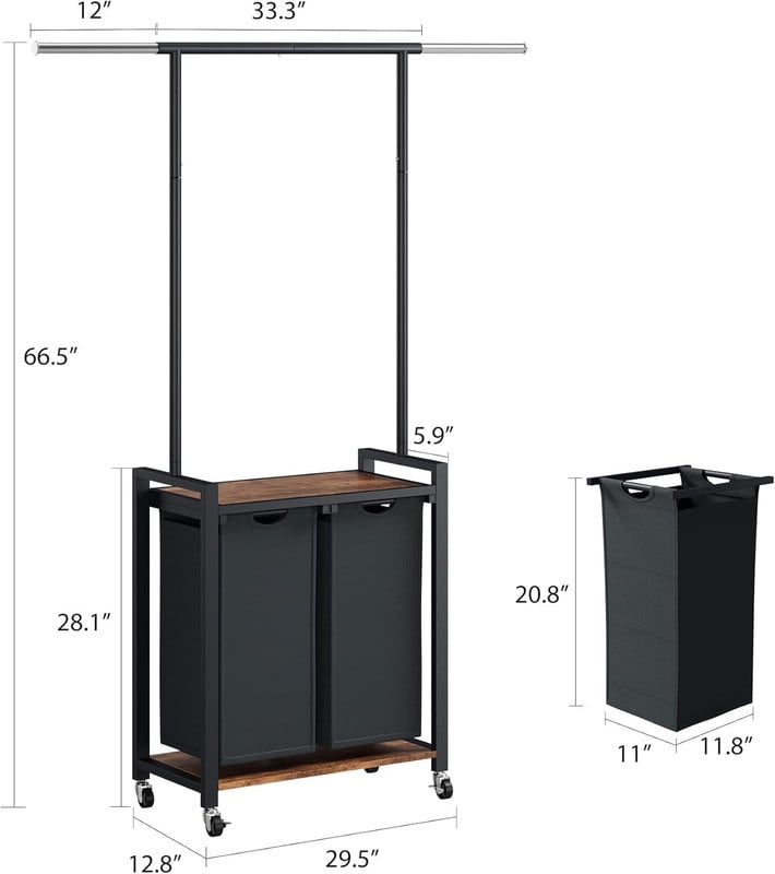 TROPOW 2 Section Laundry Sorter - Laundry Hamper with Wheels, Hanging Rack & Shelf, Rolling Clothes Storage Basket Organizer for Bedroom, Laundry Room