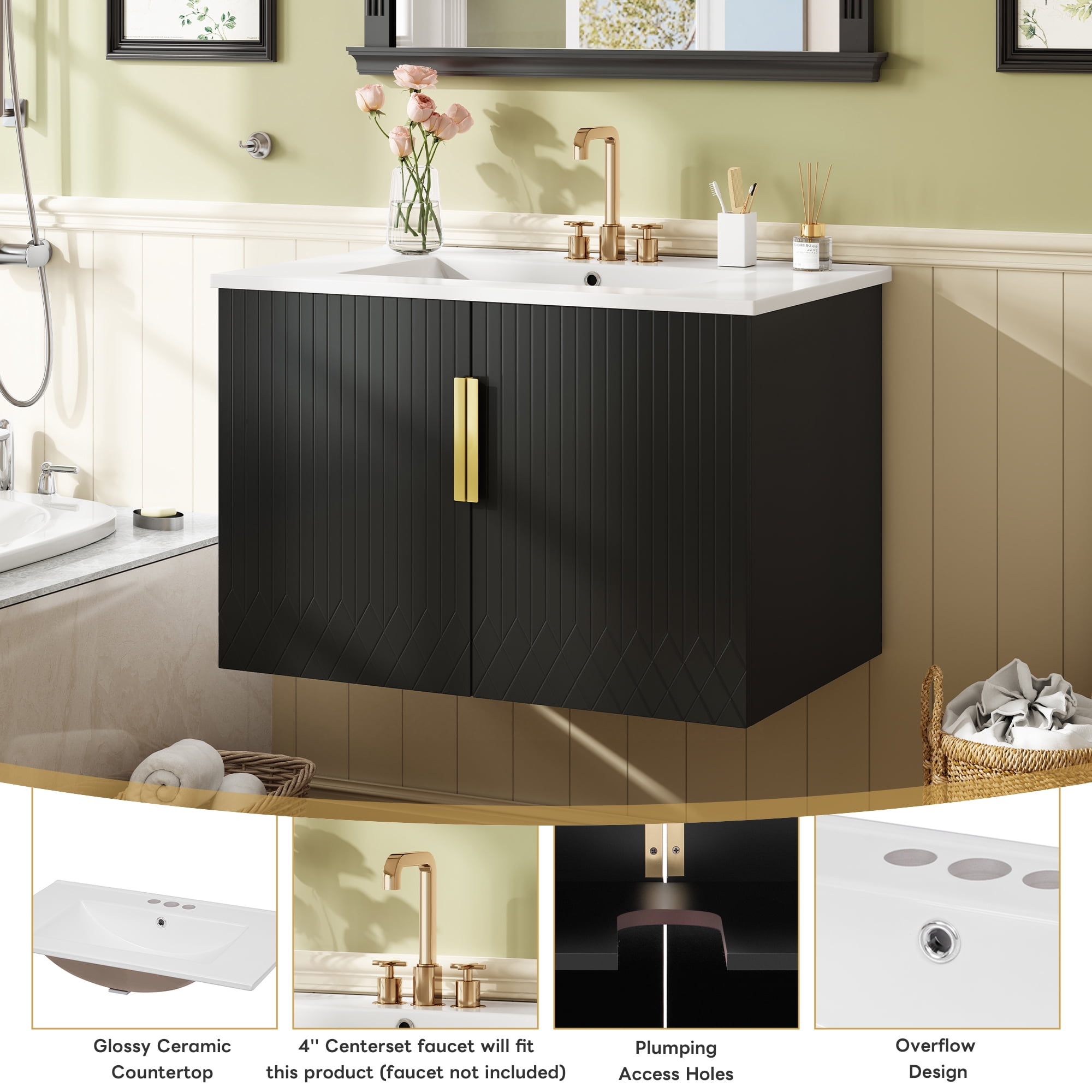 Euroco 30-Inch Wall-Mounted Bathroom Vanity with Glossy Ceramic Sink, Dual Soft-Close Doors, and Adjustable Shelf,