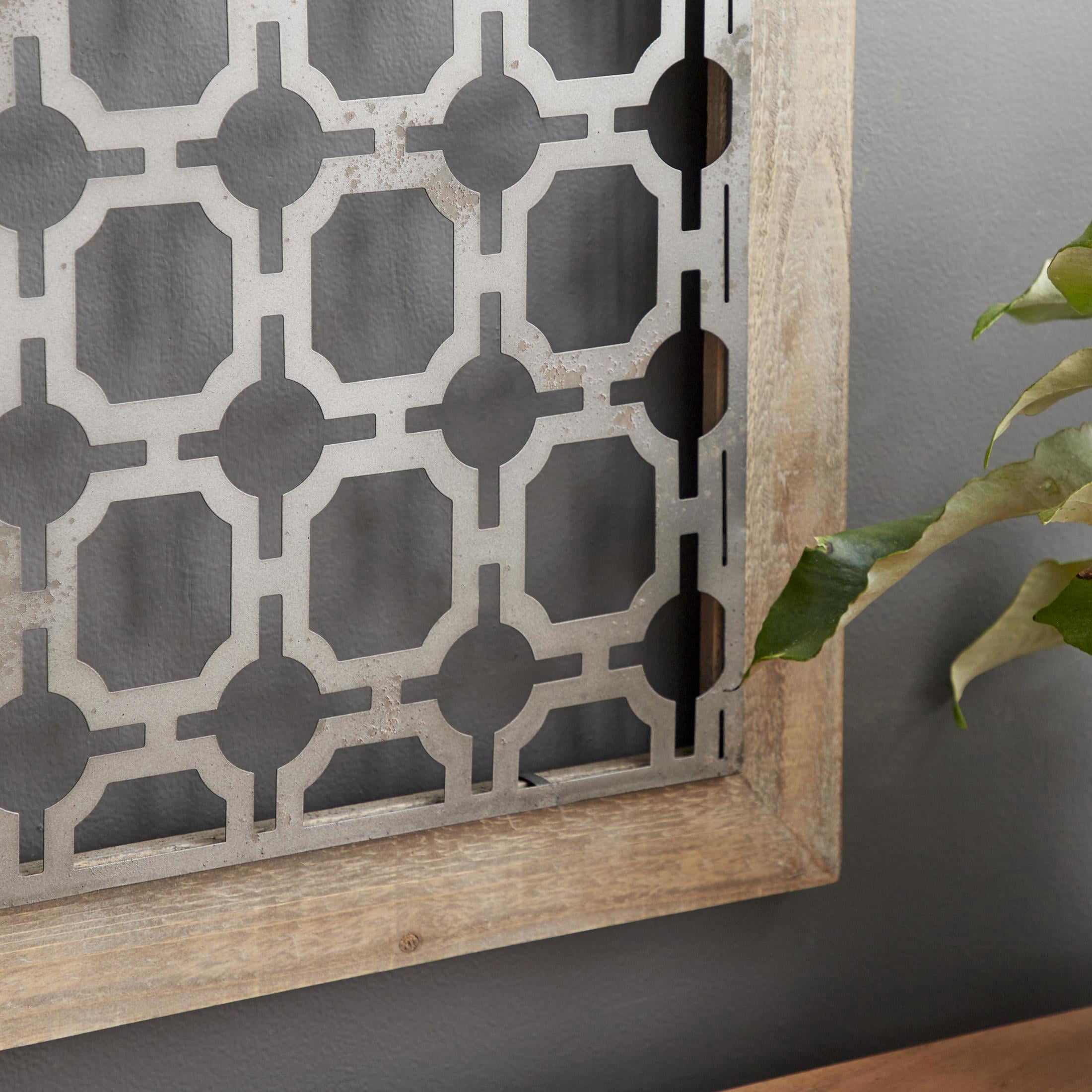 DecMode Farmhouse Natural Brown Wood Square Wall Décor, Set of 4 19"W x 19"H, Features Quatrefoil, Imperial Trellis, Chain-Link and Tile Patterns