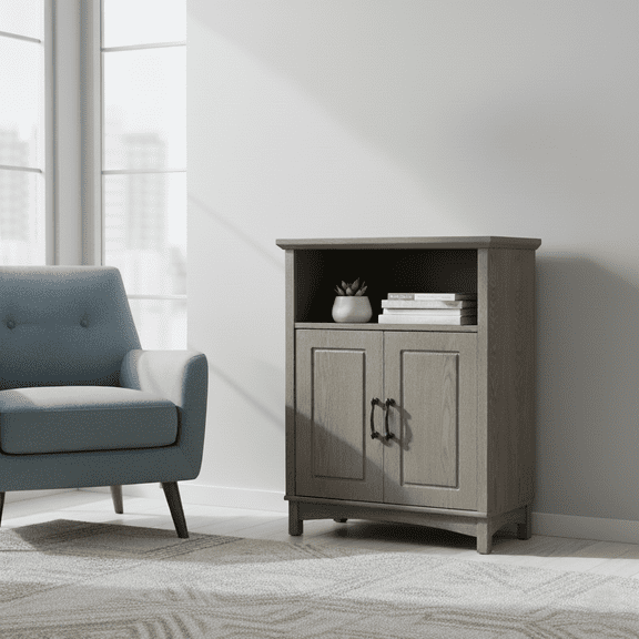 Teamson Home Russell Freestanding Bathroom Floor Cabinet with 2 Doors, Open Shelf & Adjustable Storage Shelf, Salt Oak