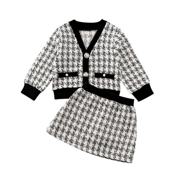 2Pcs Baby Autumn Outfits Elegant Plaid Long-Sleeves Single-Breasted Blouse Short Skirt