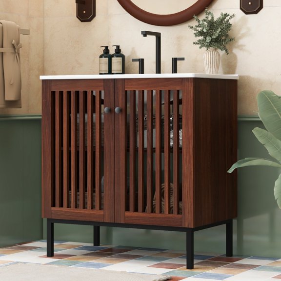 30" Vintage Bathroom Vanity with Ceramic Sink, Modern Bathroom Vanity Cabinet with 2 Soft-Close Doors (Fence-Design) and Large Storage Space, Equpiied with 4 Sturdy Iron Legs, Antique Dark Brown