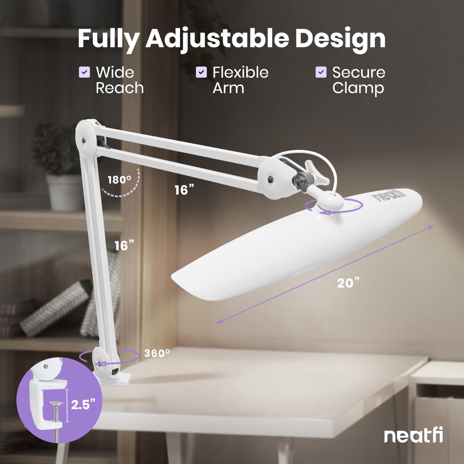 Neatfi Professional LED Task Lamp with Clamp, 2200 Lumens, 20-Inch Wide Head, Dimmable Work Light for Crafts, Sewing, Art, Home Office & Hobby Projects, White