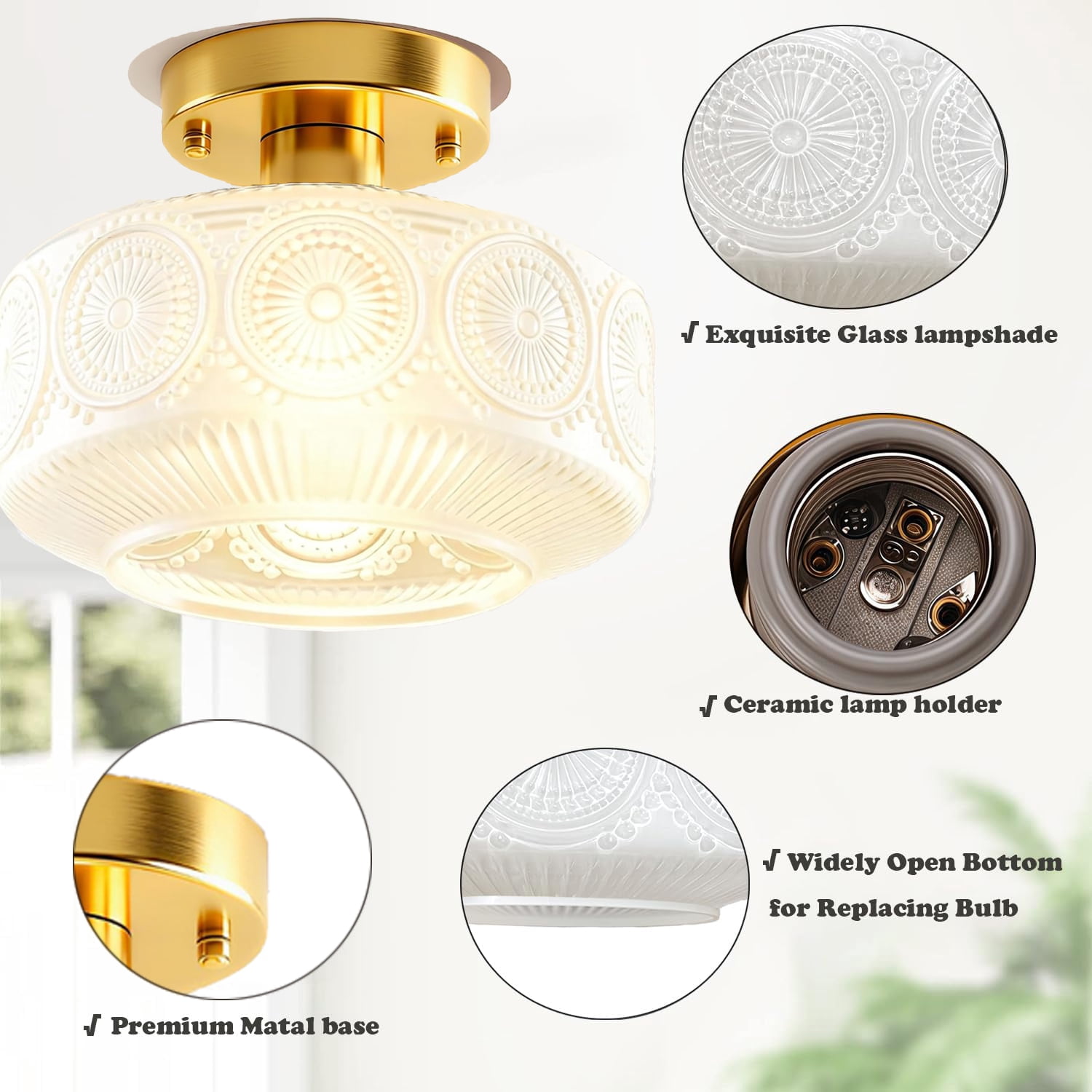 Semi Flush Mount Ceiling Light, Vintage Ceiling Light,Small Hallway Light Fixture,Glass Lighting Fixture for Bedroom Bathroom Entryway Kitchen