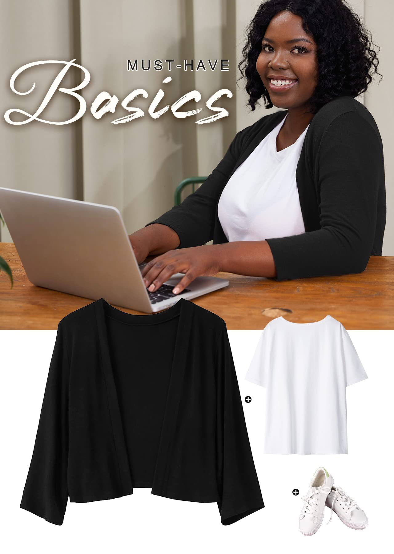 Showmall Women's Plus Size Cardigan 3/4 Sleeve Black photo 3