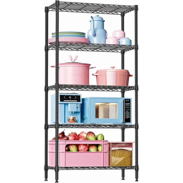 M MZG Estantes de Almacenamiento de 1250 lbs, Unidad de Estantería de Metal Resistente de 5 Estantes, Estante de Alambre para Oficina, Garaje, Cocina, Impermeable, Negro 33.5"An x 15.7"Pr x 68.5"Al