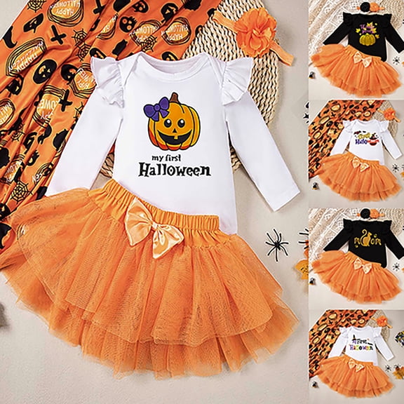 ibiyuan Baby Girl Halloween Outfit Ruffled Sleeves Pumpkin Print Baby Girls Clothing Sets Orange Tutu Romper Dress with Headband Halloween Dresses for