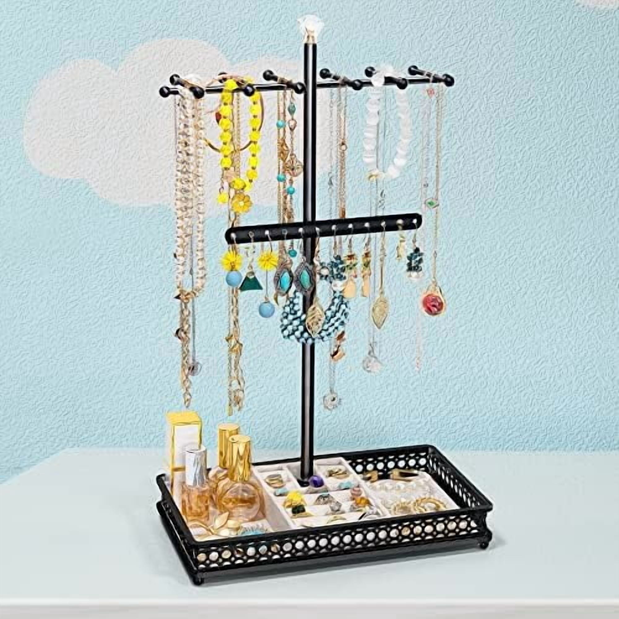 Jewelry Tree Stand Organizer 3in1 Necklace Organizer Display Bracelet Earrings and Ring Tray Jewelry Holder Hanger Metal（Black）