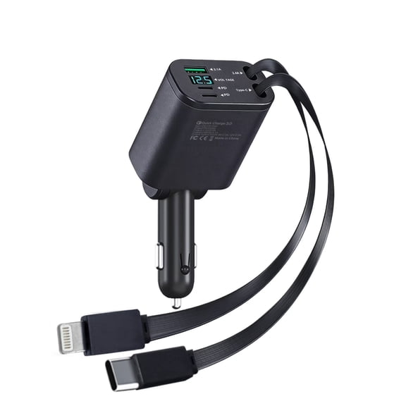 AKKHOO Retractable Car Charger Adapter，90W Fast Car Charger with Retractable Cable，180° Adjustable，for iPhone & Type-C Cigarette Lighter Adapters