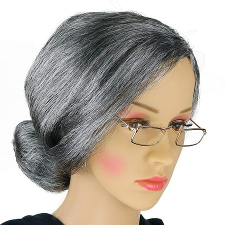 Skeleteen Old Lady Costume Set - Grey Granny Wig and Fake Gold Rectangle Eyeglasses Grandma Set for Women and