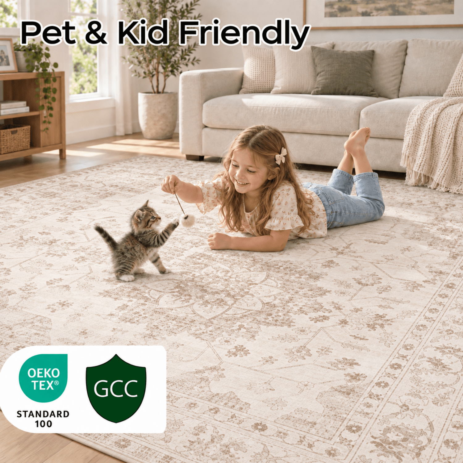 TrumanPick 9x12 Washable Rug, Vintage Distressed Medallion Rugs with Non-Slip & Stain Resistant, Large Beige Area Rug for Living Room Bedroom Dining Room