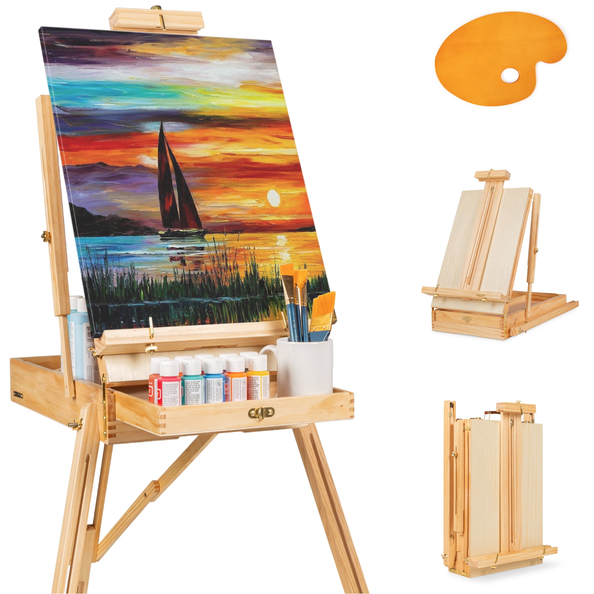 Wooden Pallete and Shoulder Strap HJ01-Q-UK1 QINUKER French Style Wooden Artist Easel & Sketchbox with Drawer Portable Art Easel for Painting