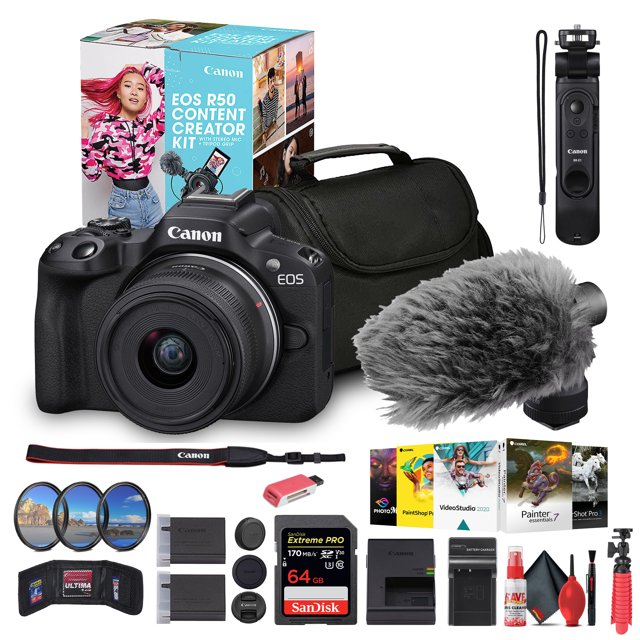 Canon EOS R50 Appareil Photo Sans Miroir avec Trousse de Création d'Objectif 18-45 mm (Noir) + Carte 64 Go + Sac + Plus (Modèle International)