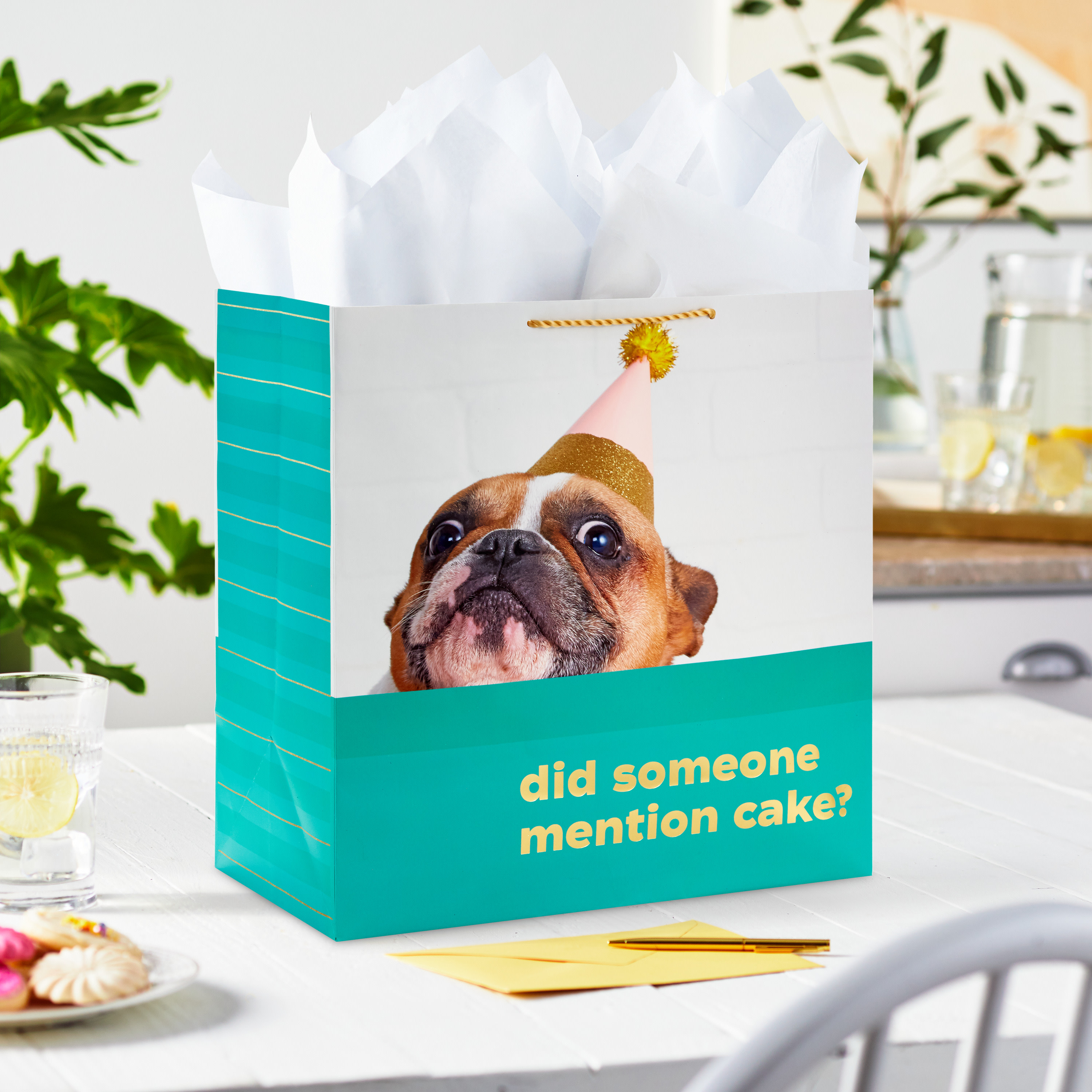 Hallmark Extra-Deep Green Birthday Gift Bag (Cute Dog in Party Hat)