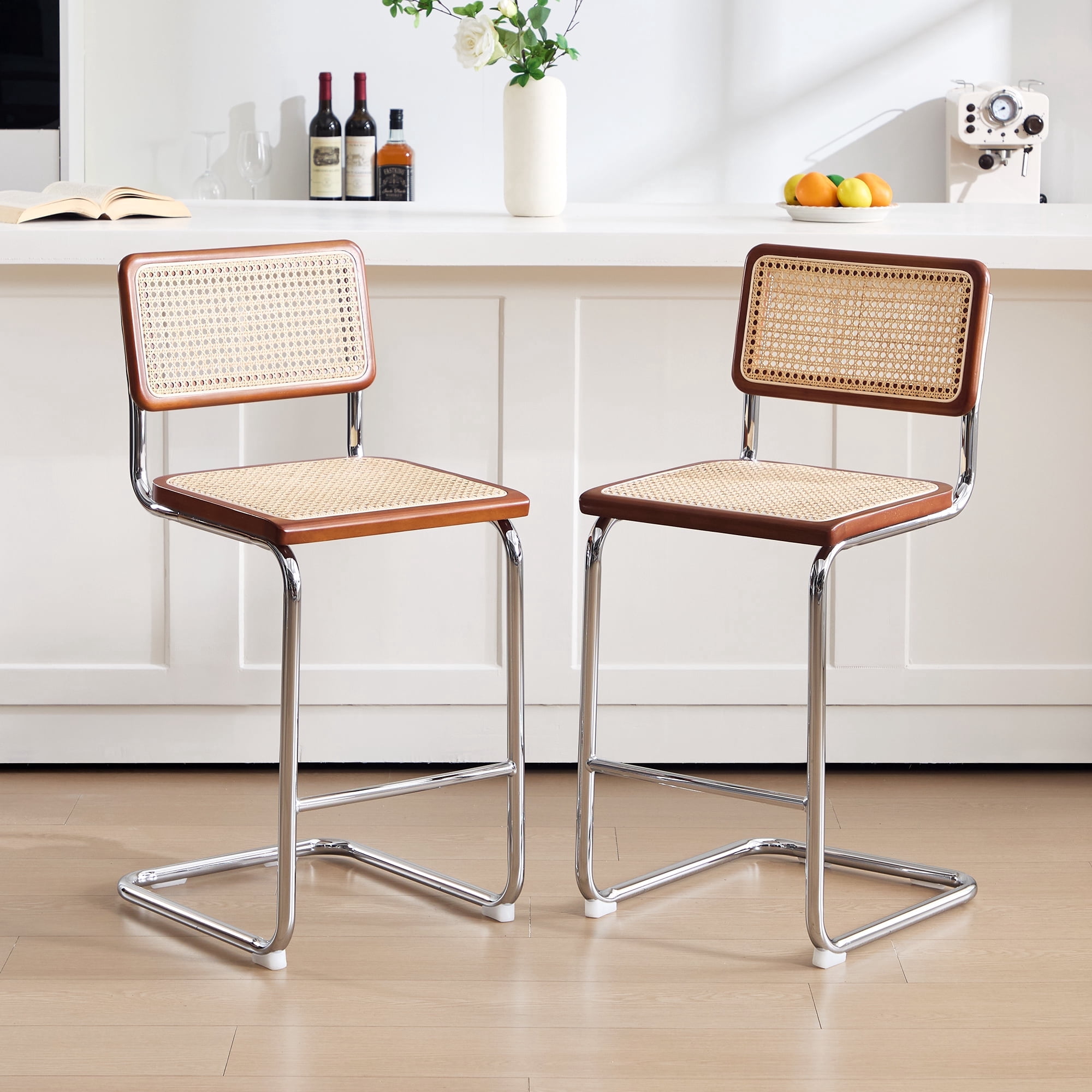 Zesthouse Rattan Counter Height Bar Stools Set of 2, 24.8" Counter Height Chairs with Cane Back, Mid Century Modern Barstools for Kitchen Island, Walnut Tone