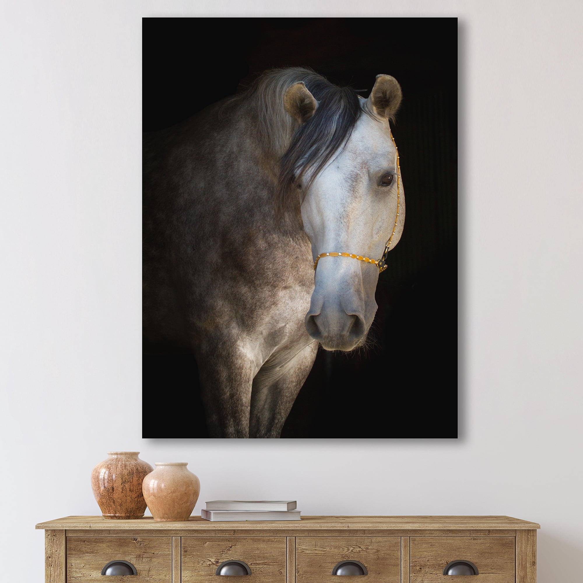 Designart ' Close Up Portrait Of A White Horse ' Farmhouse Canvas Wall Art Print