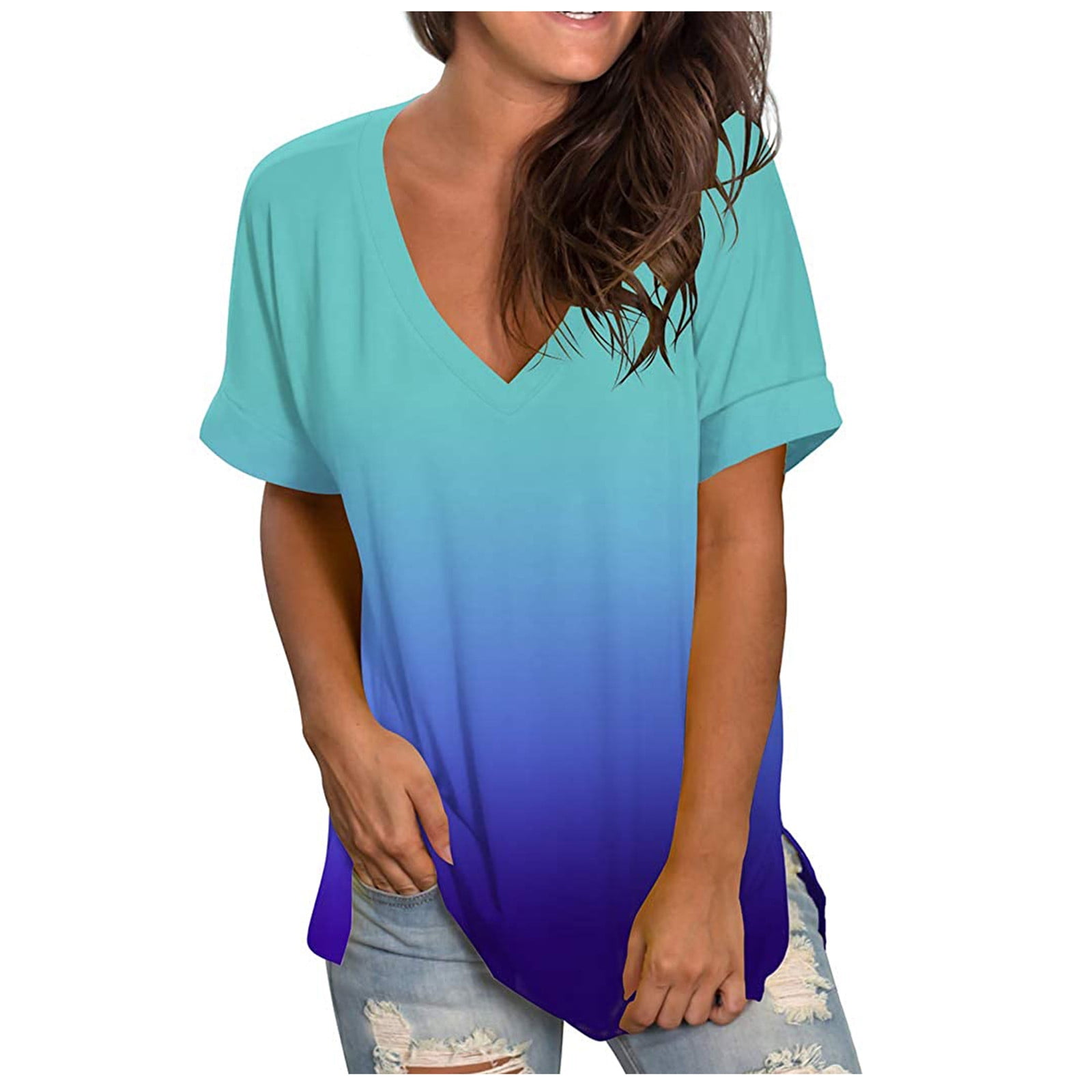 TEENSHOT Womens Casual Summer V Neck T-Shirt Tops Side Split High Low Design 