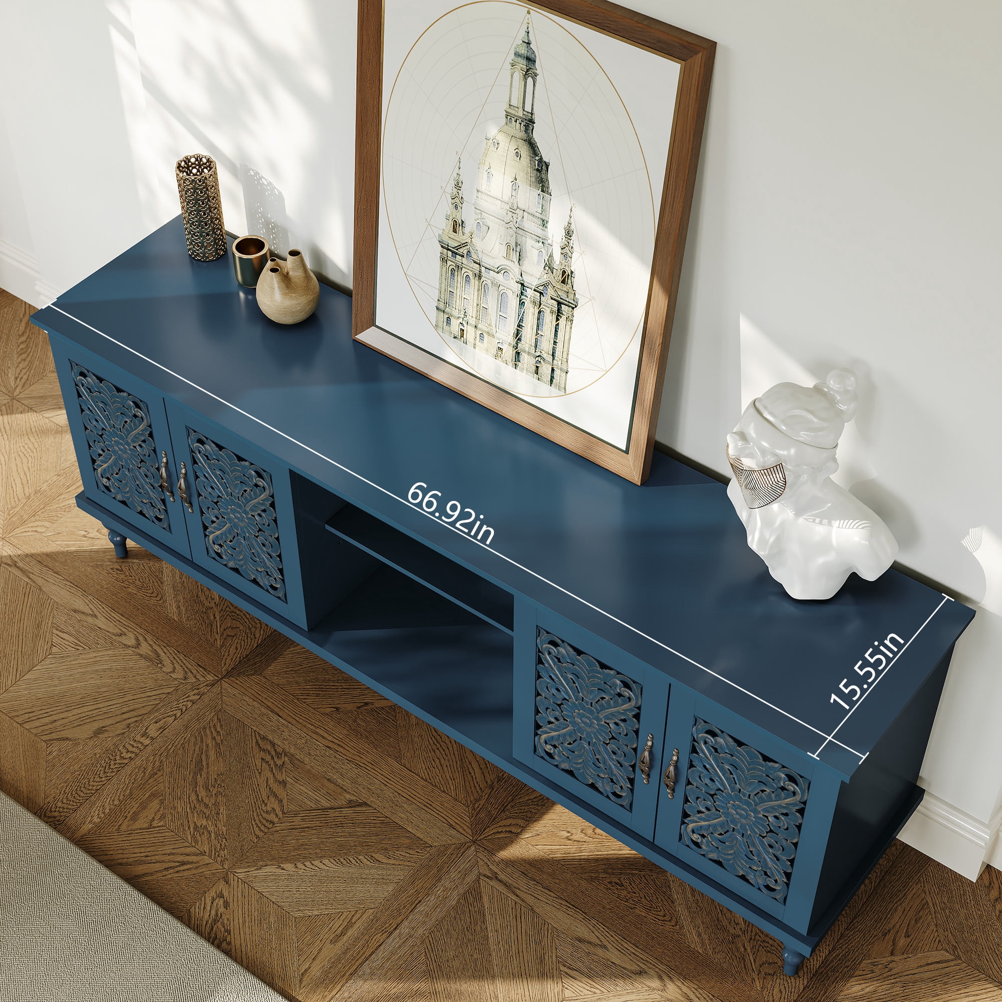 HLR, TV Stand, for 75 inch TV, Blue, Carved Storage Cabinet