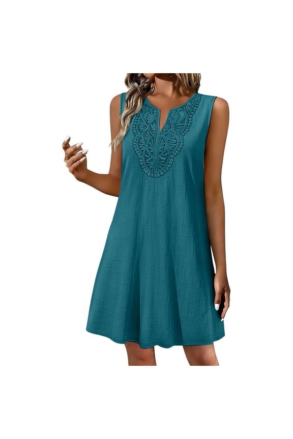 Sleeveless Linen Dress Cotton Midi Dress for Women Cotton Sundresses with Pockets Vacation Clothing Gauze Dress for Women Linen Dress Women Cotton Gauze Clothing For Women Blue M