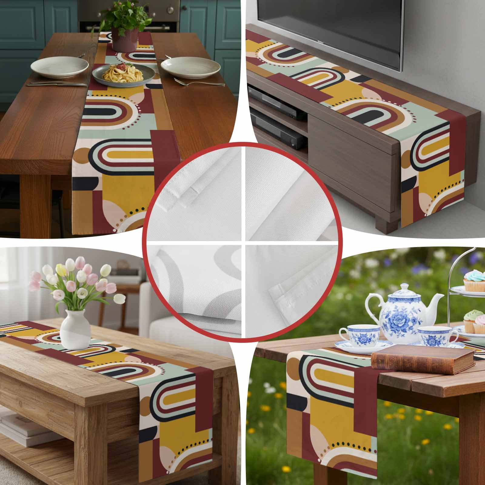 Mid Century Abstract Ethnic Art Table Runner 90 Inches Long, Yellow Brown Geometric Color Block Table Runners Tabletop Scarf Kitchen Dining Tables Decoration for Home Party Indoor Outdoor
