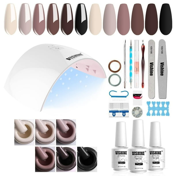 Vishine Kit de iniciación de esmalte de uñas de gel 36 W LED secador de uñas lámpara base capa superior 6 colores clásicos lima de uñas herramientas de manicura capa superior mate para arte de uñas #0