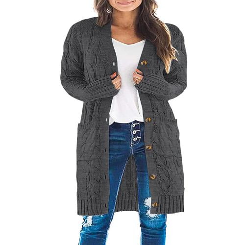 QILINXUAN Women's Long Cardigan Coat Open Front Cable Knit Casual Loose Sweater Outwear with Pocket, Size: Medium