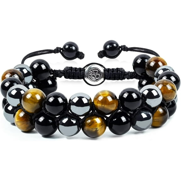Triple Protection Bracelet Natural Black Obsidian Tigers Eye Hematite Beads Crystal Bracelet Healing Bracelets for Men Women Bring Prosperity Luck and Health