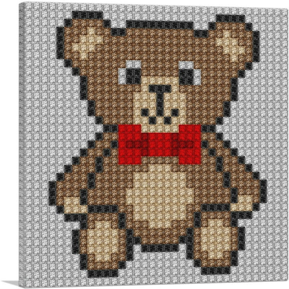 ARTCANVAS Brown Teddy Bear Red Bow Tie Jewel Pixel Canvas Art Print - Size: 18" x 18" (0.75" Deep)